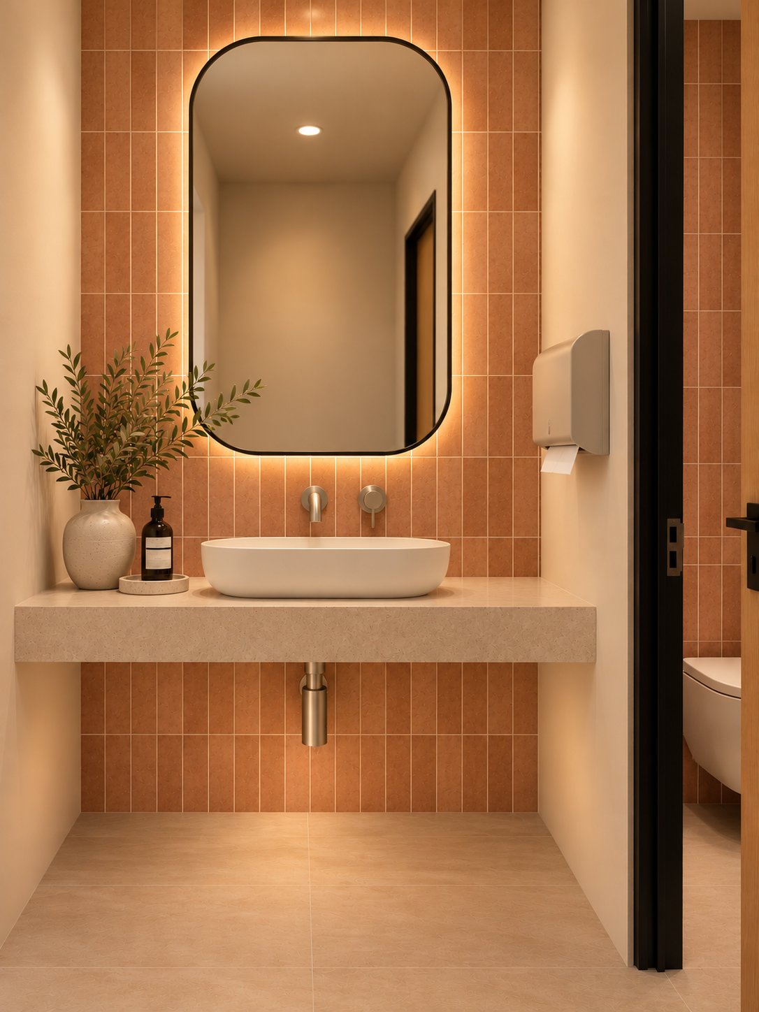 Artist&rsquo;s impression of the new bathroom with warm terracotta tiles and brushed nickel tapware