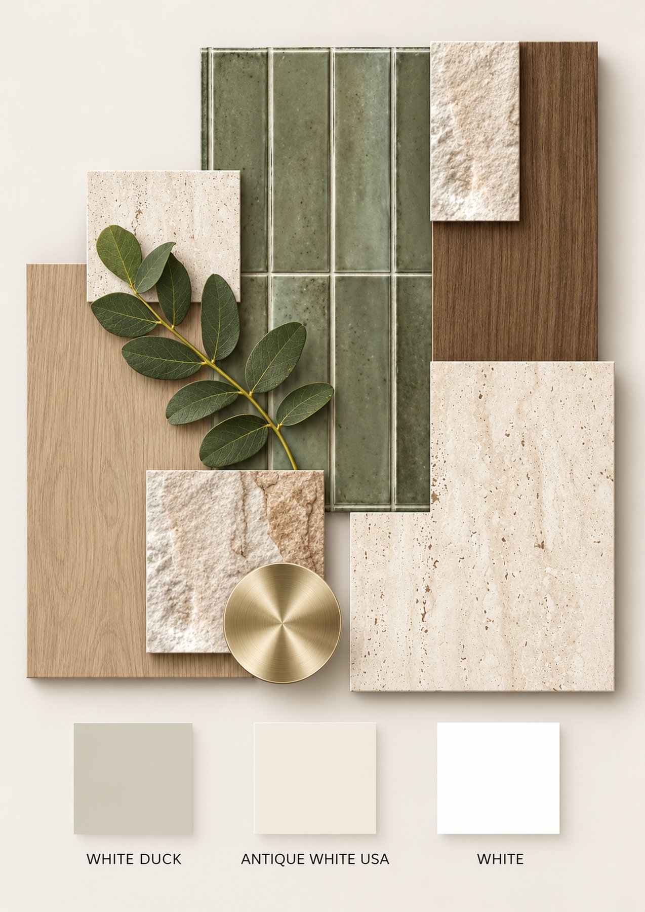 Daisy Cottage renovation mood board with green tiles, natural timber, travertine and soft paint colours