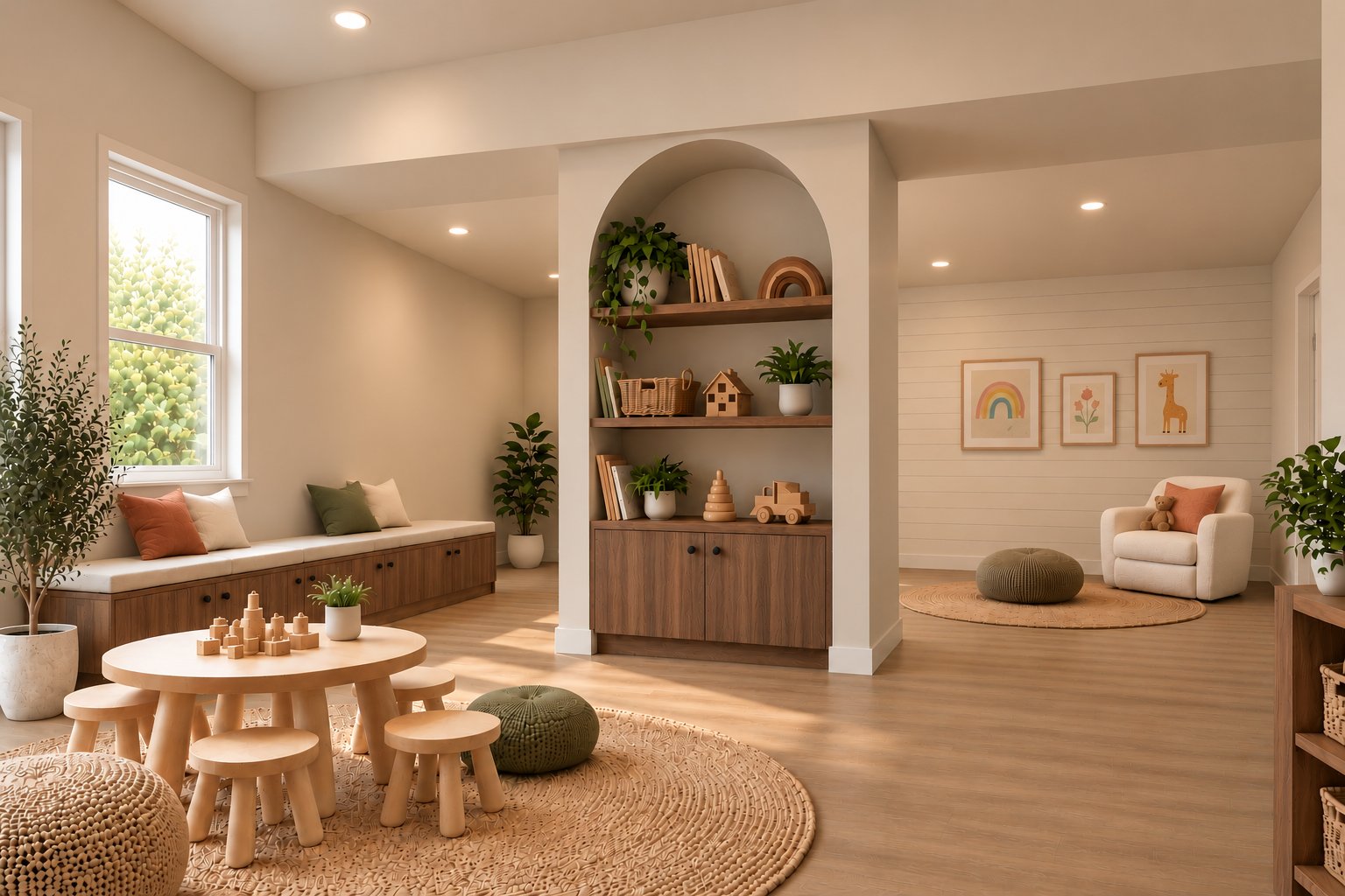 Artist&rsquo;s impression of the renovated play room with natural timber, arched shelving and a cosy reading nook